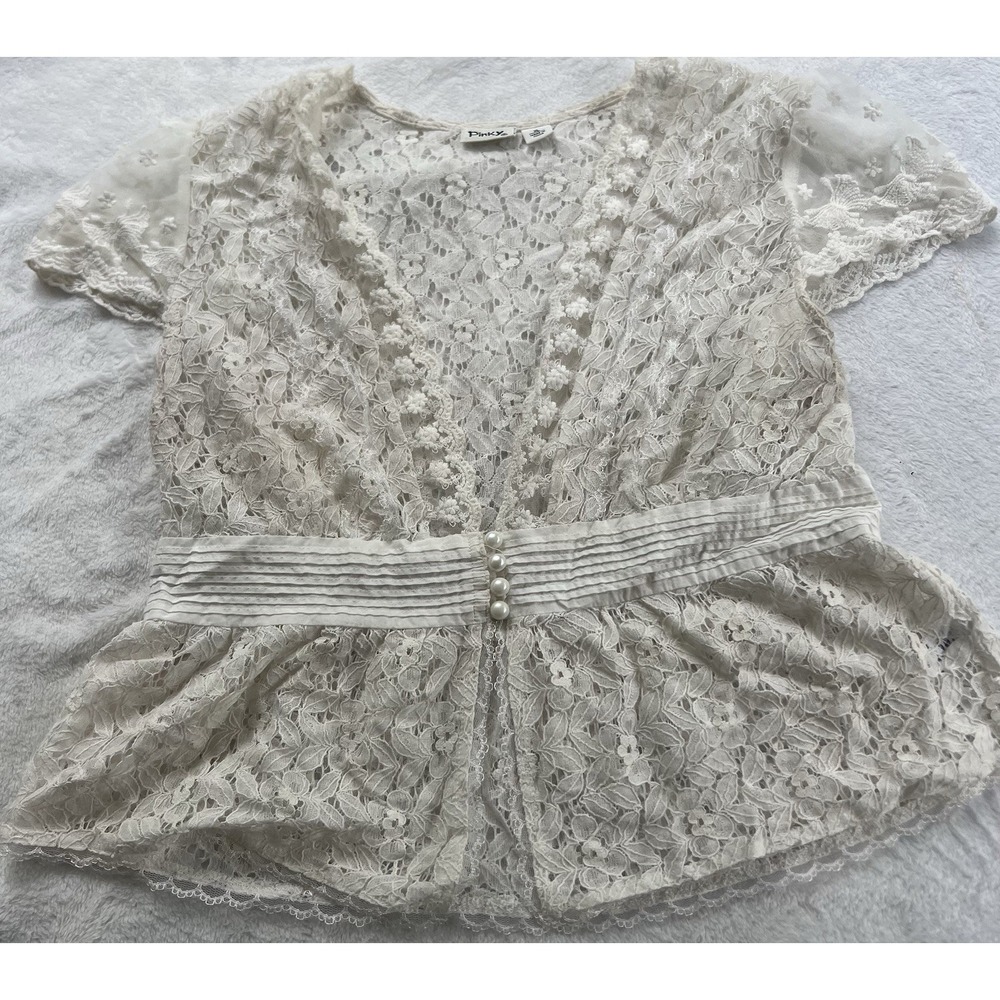 Pinky Brand White Cotton Blend XL Women's Babydoll Pearl Button Blouse